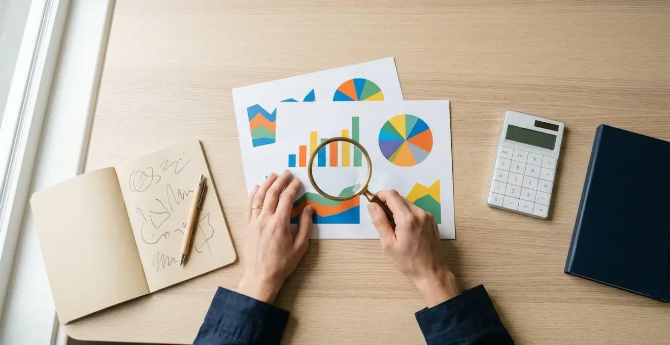 Vue en plongée d'un bureau avec des graphiques colorés imprimés et une personne analysant les données avec une loupe