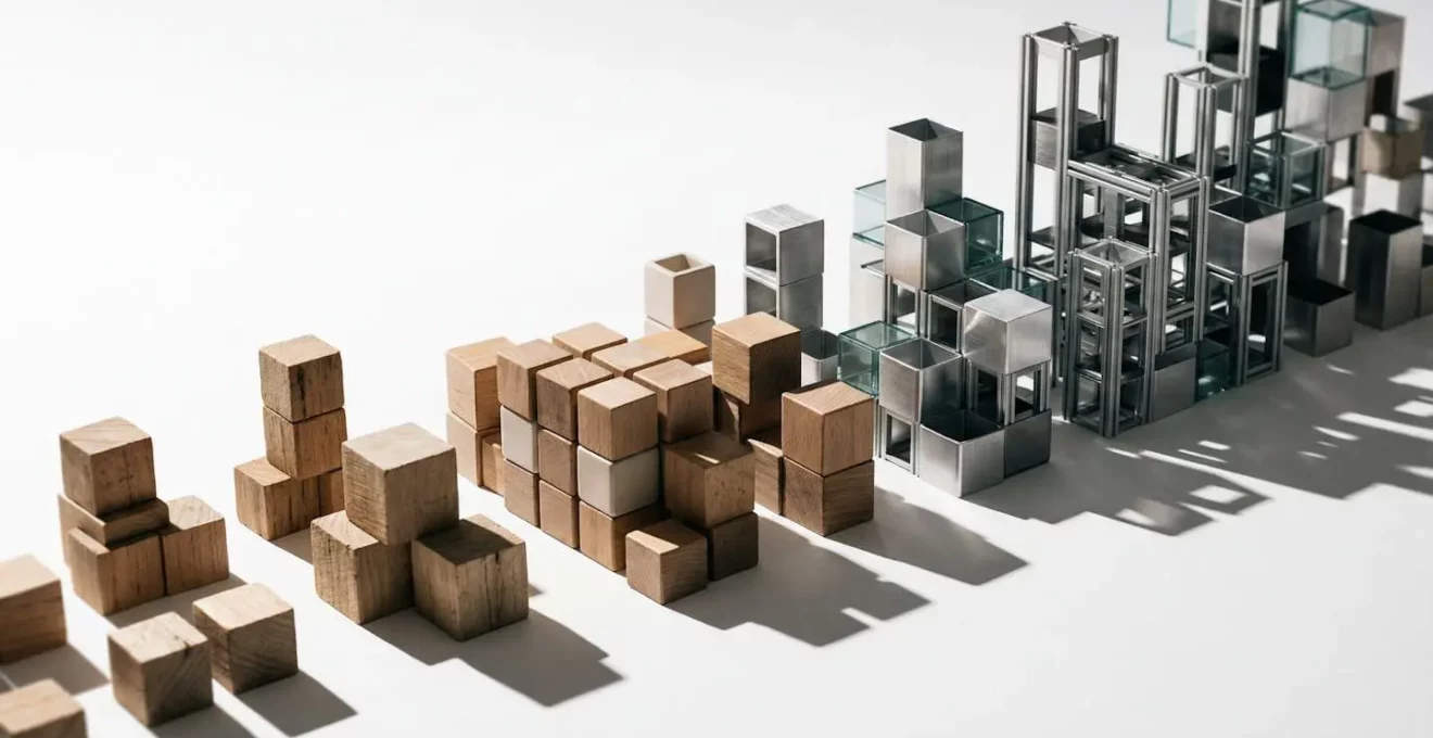 Architecture technique abstraite montrant la transition progressive d'un système no-code vers une solution hybride