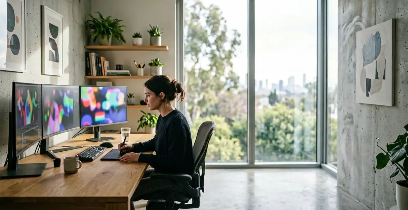 Motion designer travaillant sur une animation colorée dans un espace créatif moderne