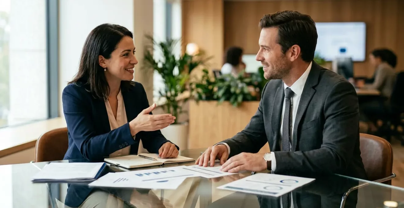Professionnels en discussion autour de documents de formation dans un bureau lumineux