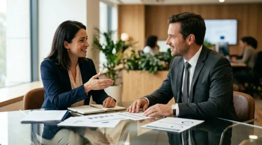 Professionnels en discussion autour de documents de formation dans un bureau lumineux