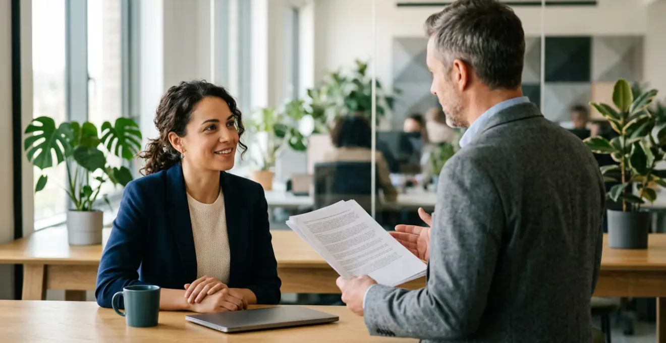 Deux professionnels en discussion constructive dans un bureau moderne lors d'une négociation de rupture conventionnelle