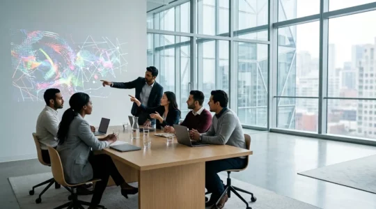 Équipe professionnelle analysant des données sur écrans dans un bureau moderne