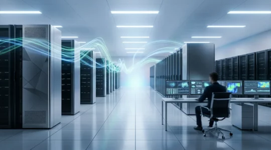 Vue architecturale moderne d'une infrastructure cloud avec des flux de données optimisés et des graphiques de coûts en baisse