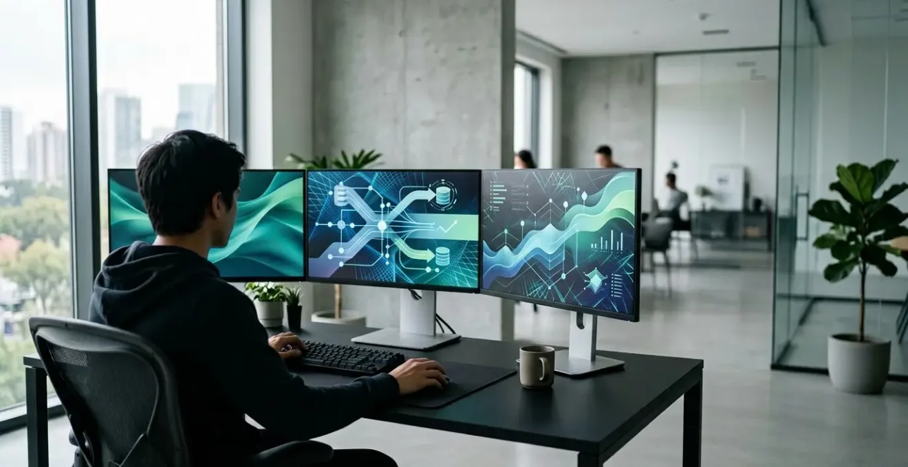 Environnement de développement moderne avec code SQL optimisé et indicateurs de performance sur plusieurs écrans