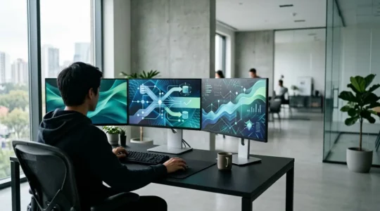 Environnement de développement moderne avec code SQL optimisé et indicateurs de performance sur plusieurs écrans