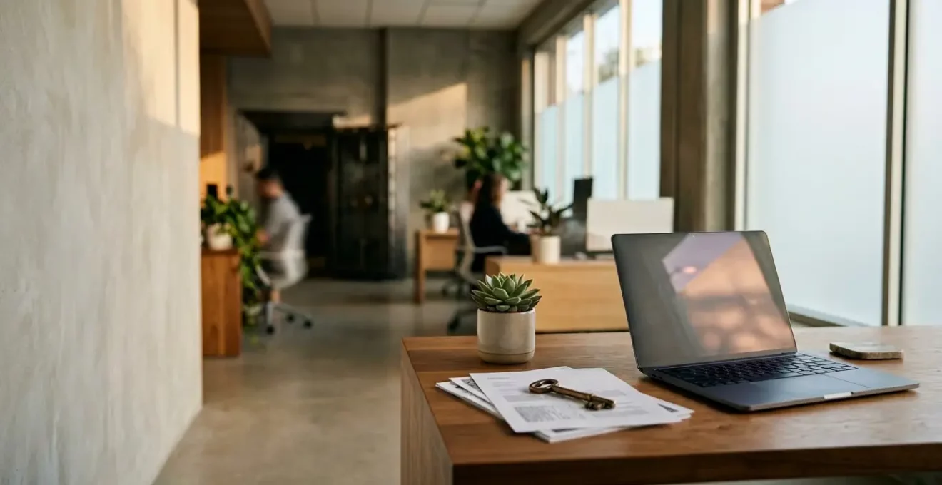 Bureau de direction PME avec ordinateur sécurisé et cadenas symbolique en arrière-plan flou