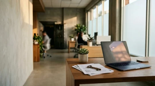 Bureau de direction PME avec ordinateur sécurisé et cadenas symbolique en arrière-plan flou