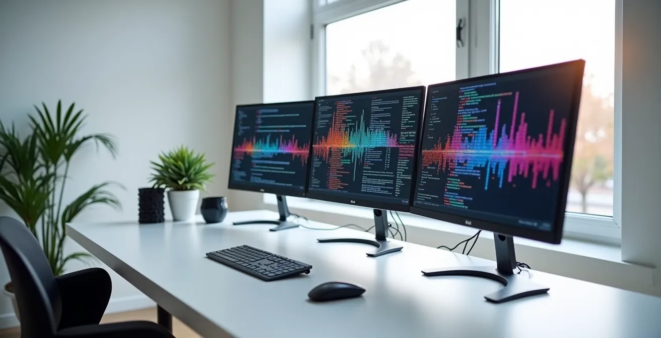Espace de travail moderne avec plusieurs écrans montrant des projets de développement, vue d'ensemble minimaliste