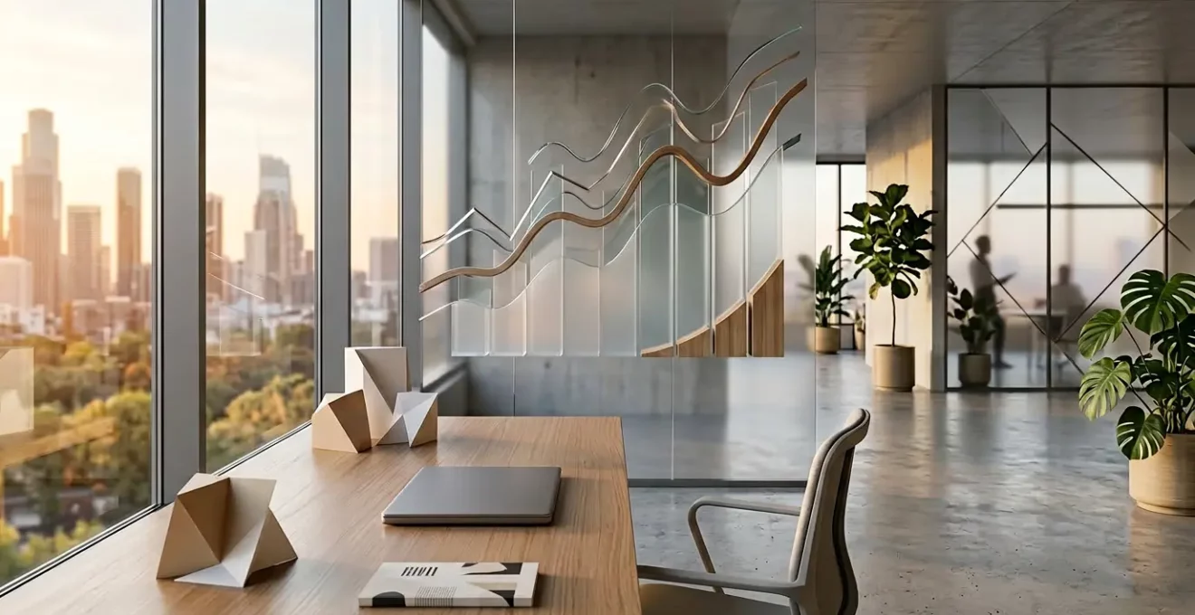 Une scène montrant un espace de travail moderne avec des graphiques de ventes en croissance et des données historiques visualisées