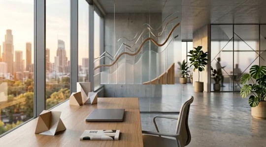 Une scène montrant un espace de travail moderne avec des graphiques de ventes en croissance et des données historiques visualisées