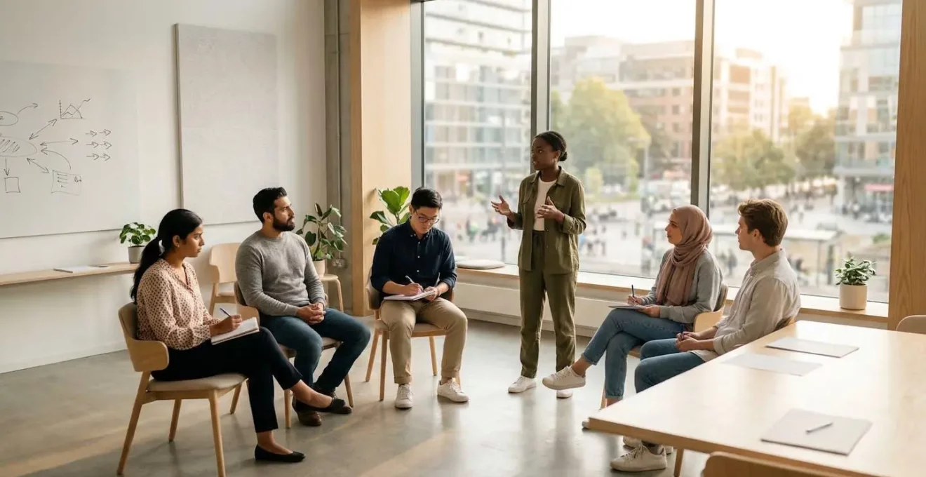 Groupe d'étudiants préparant ensemble les oraux dans un espace de travail collaboratif