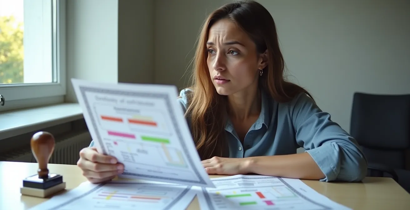 Personne consultant des documents administratifs flous sur un bureau épuré avec tampon officiel visible mais illisible