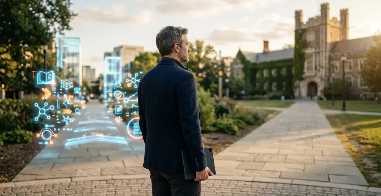 Professionnel de 40 ans face à deux chemins digitaux représentant MOOC et Master