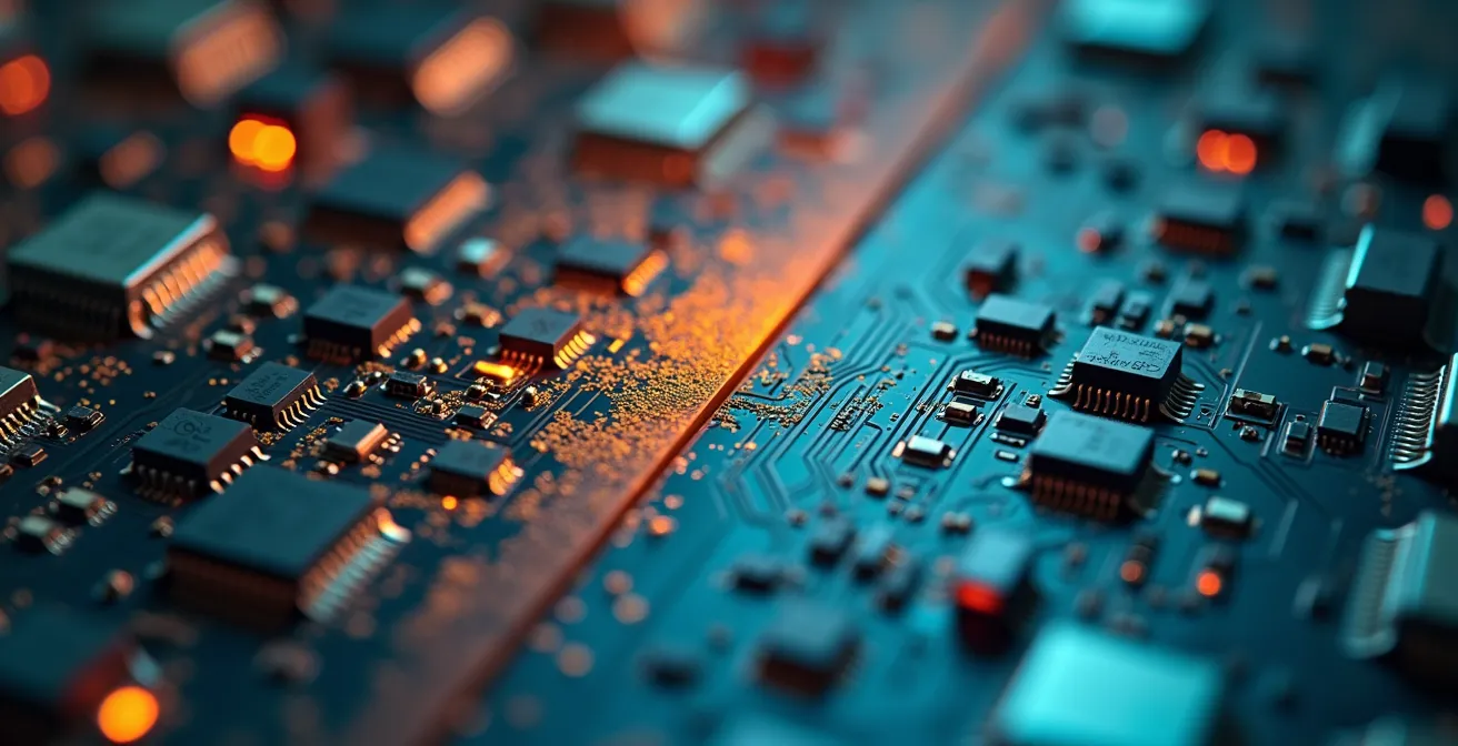 Vue macro de composants électroniques représentant métaphoriquement la restructuration progressive d'une architecture logicielle