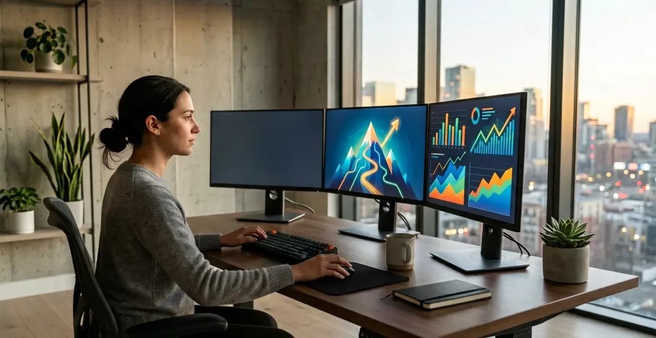 Expert en référencement analysant des données SEO sur plusieurs écrans avec des graphiques de progression vers le top 3 Google