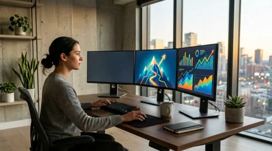 Expert en référencement analysant des données SEO sur plusieurs écrans avec des graphiques de progression vers le top 3 Google