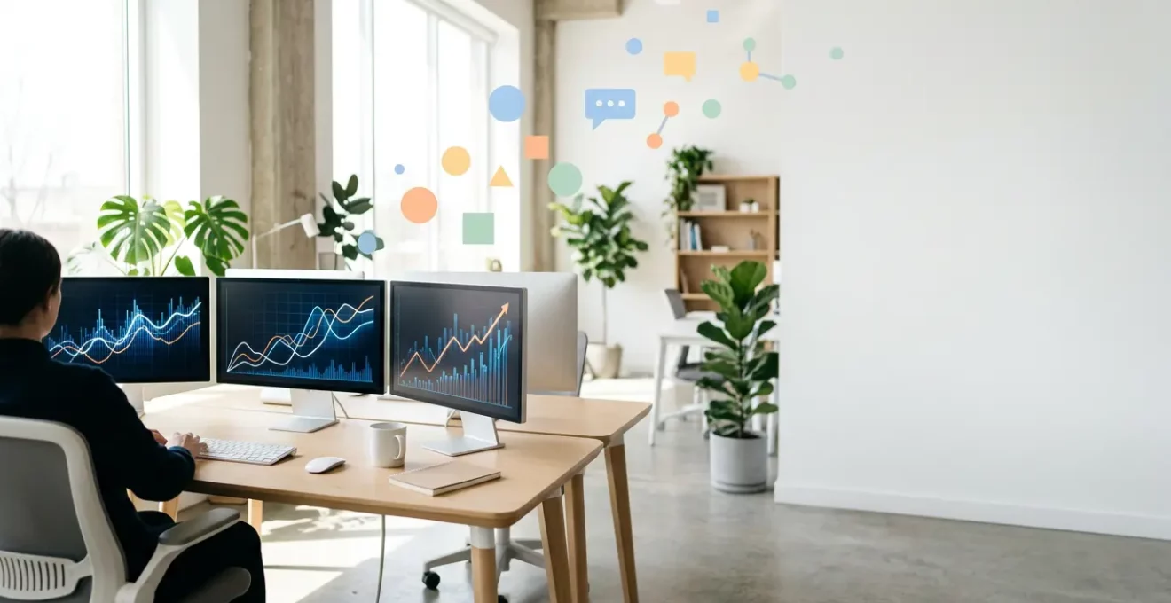 Scène de bureau moderne avec écrans d'ordinateur affichant des graphiques de trafic web et symboles de réseaux sociaux flottants