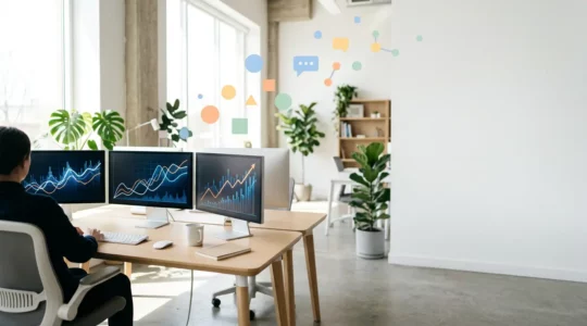 Scène de bureau moderne avec écrans d'ordinateur affichant des graphiques de trafic web et symboles de réseaux sociaux flottants