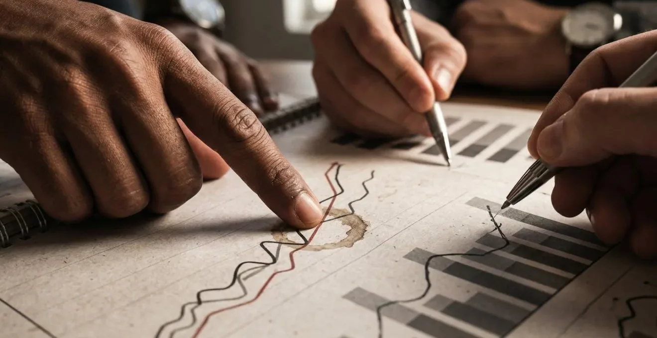Gros plan sur des mains analysant des graphiques de performance lors d'une réunion
