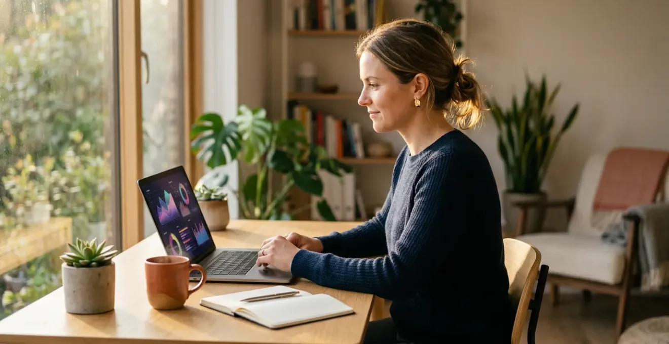 Professionnel équilibrant formation en ligne et travail à temps plein dans un espace de travail moderne