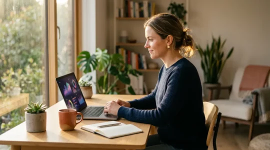 Professionnel équilibrant formation en ligne et travail à temps plein dans un espace de travail moderne