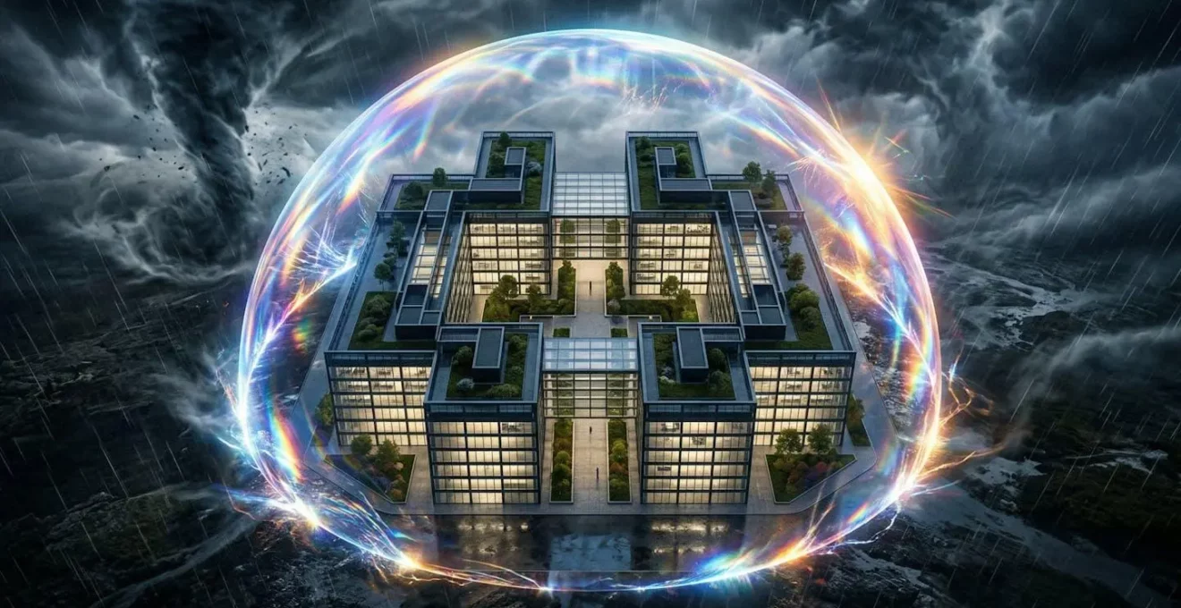 Vue aérienne d'un bouclier transparent protégeant un bâtiment moderne des éléments