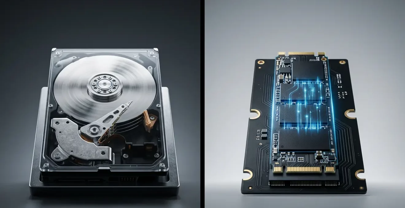 Vue comparative entre un disque SSD moderne et un disque dur HDD classique dans un environnement serveur