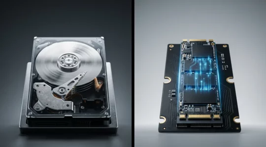 Vue comparative entre un disque SSD moderne et un disque dur HDD classique dans un environnement serveur