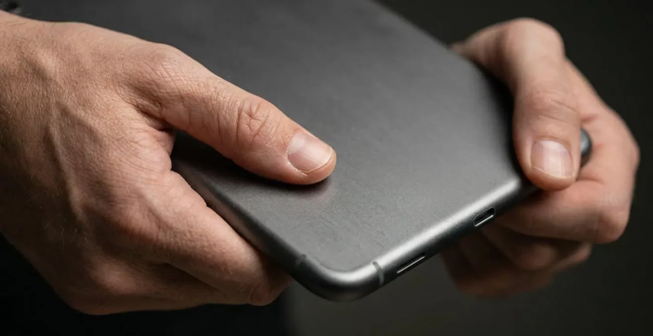 Mains tenant une tablette montrant une interface web stable sans décalages visuels