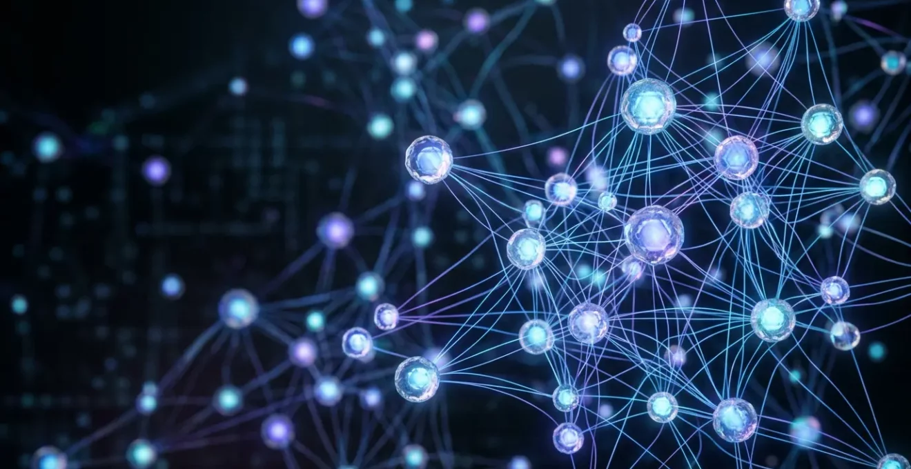 Réseau interconnecté de liens numériques symbolisant une stratégie de netlinking avec des nœuds lumineux représentant différents sites web