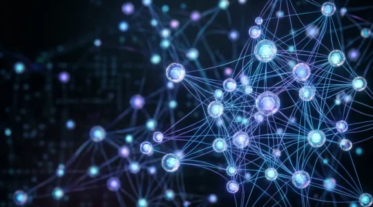 Réseau interconnecté de liens numériques symbolisant une stratégie de netlinking avec des nœuds lumineux représentant différents sites web