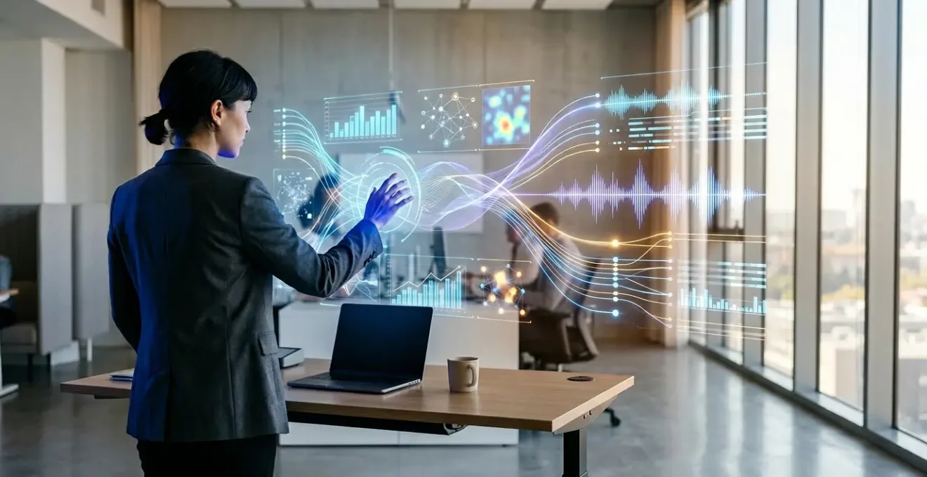 Un espace de travail moderne avec un professionnel analysant des données SEO sur un écran holographique transparent montrant des métriques de visibilité SGE