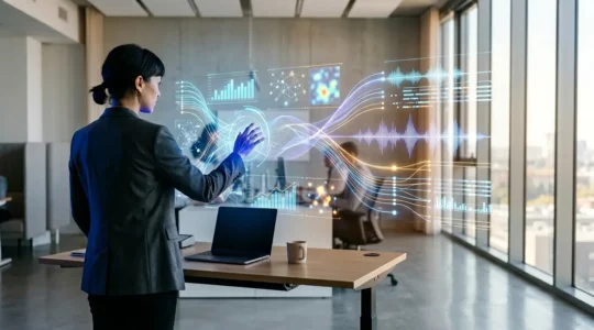 Un espace de travail moderne avec un professionnel analysant des données SEO sur un écran holographique transparent montrant des métriques de visibilité SGE