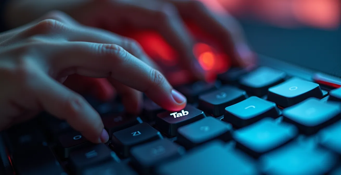 Mains naviguant au clavier sur un bureau épuré avec indicateurs visuels de focus