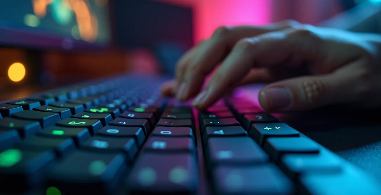 Vue macro sur des mains tapant du code sur un clavier avec effet de profondeur de champ