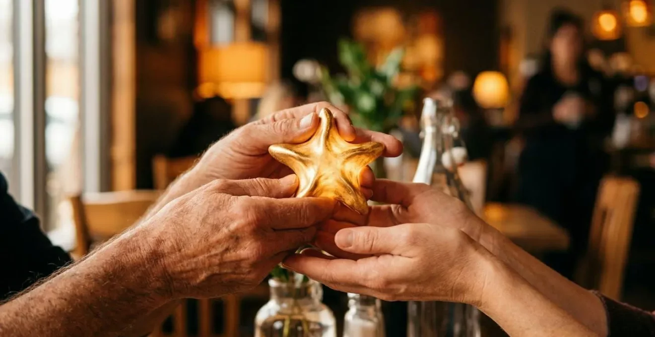 Mains échangeant une étoile dorée brillante au-dessus d'une table en bois dans une ambiance chaleureuse