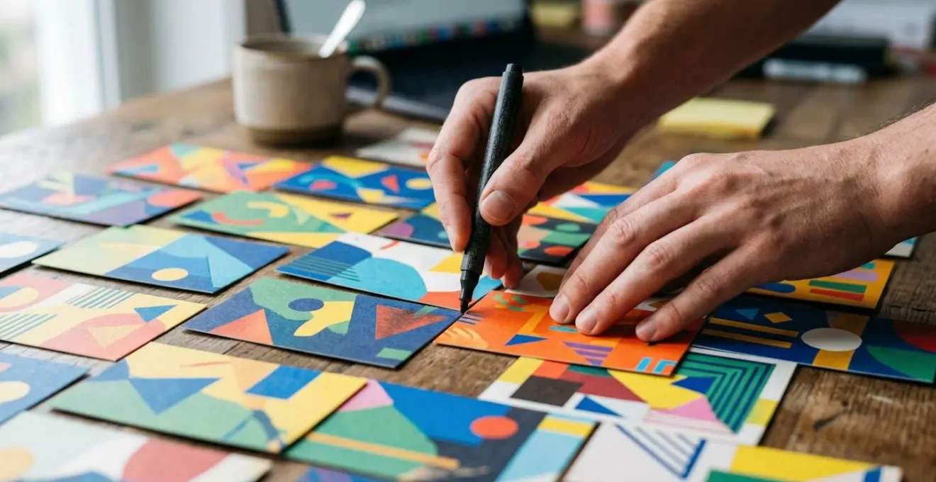 Gros plan sur les mains d'une personne manipulant des cartes colorées représentant des diapositives, avec un ordinateur portable flou en arrière-plan