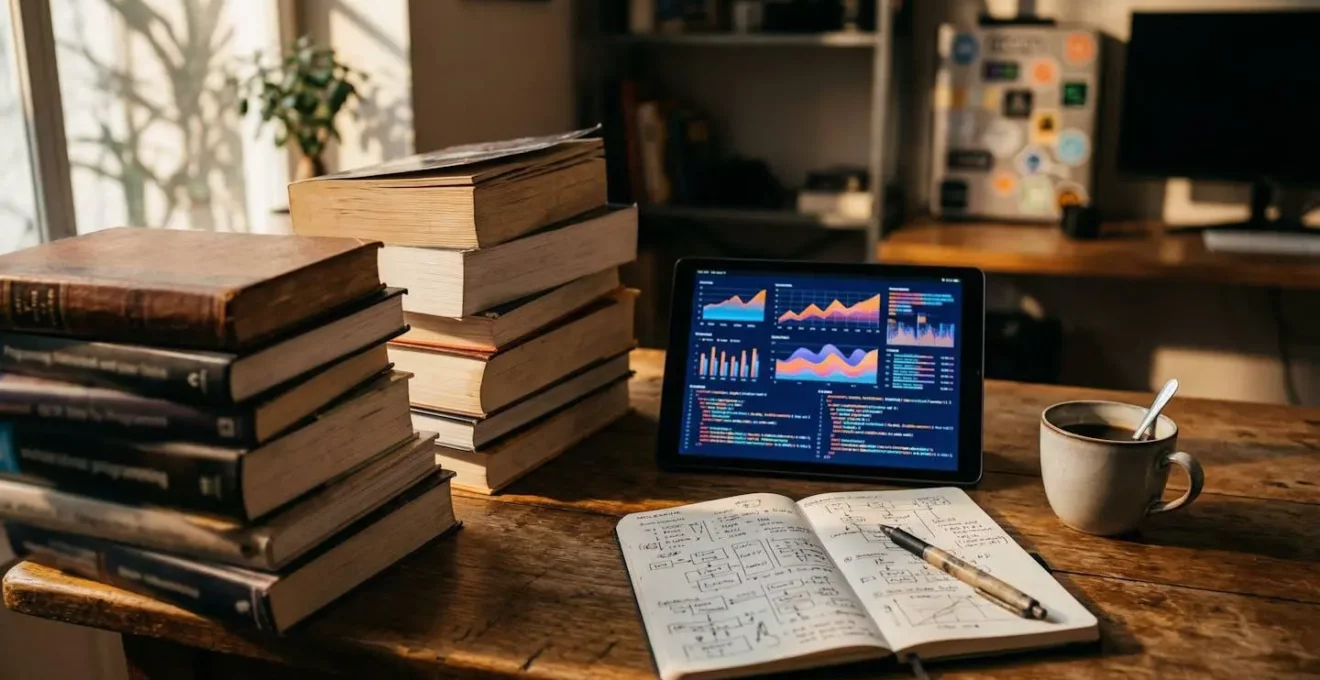 Bureau épuré d'un développeur avec livres techniques, tablette et notes de veille technologique