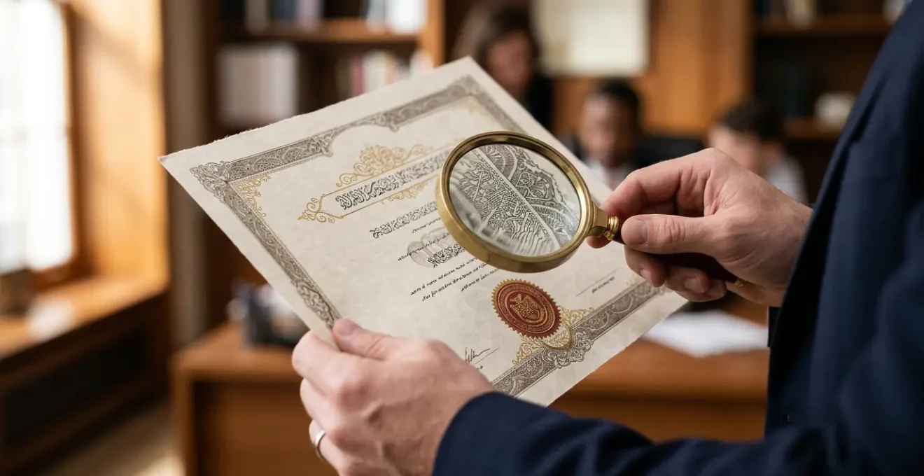 Main de professionnel tenant un diplôme avec tampon officiel et loupe de vérification