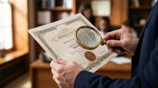 Main de professionnel tenant un diplôme avec tampon officiel et loupe de vérification