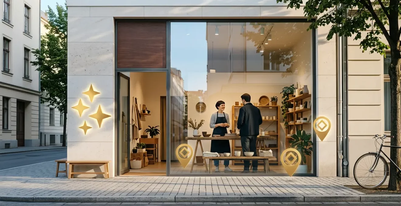 Commerce local vibrant avec carte interactive et avis clients positifs visible sur mobile