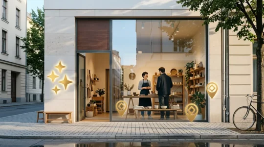 Commerce local vibrant avec carte interactive et avis clients positifs visible sur mobile