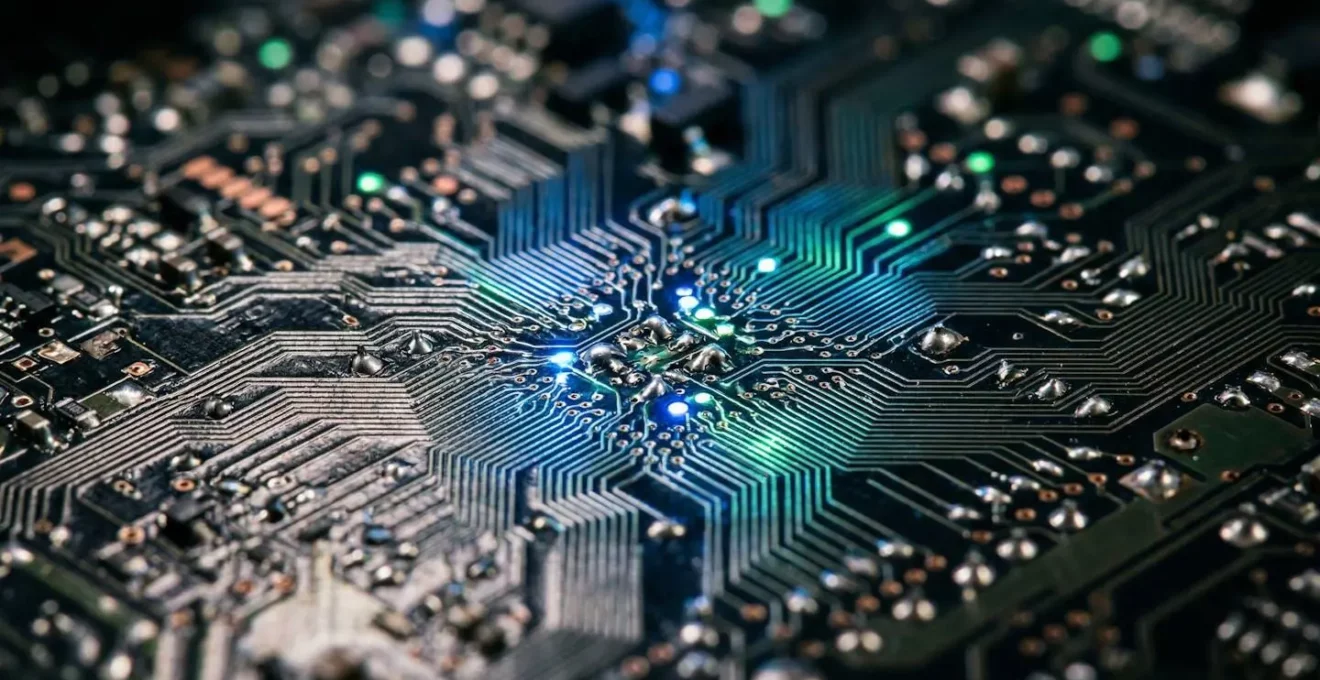Vue macro de circuits électroniques avec des connexions lumineuses représentant le flux de données