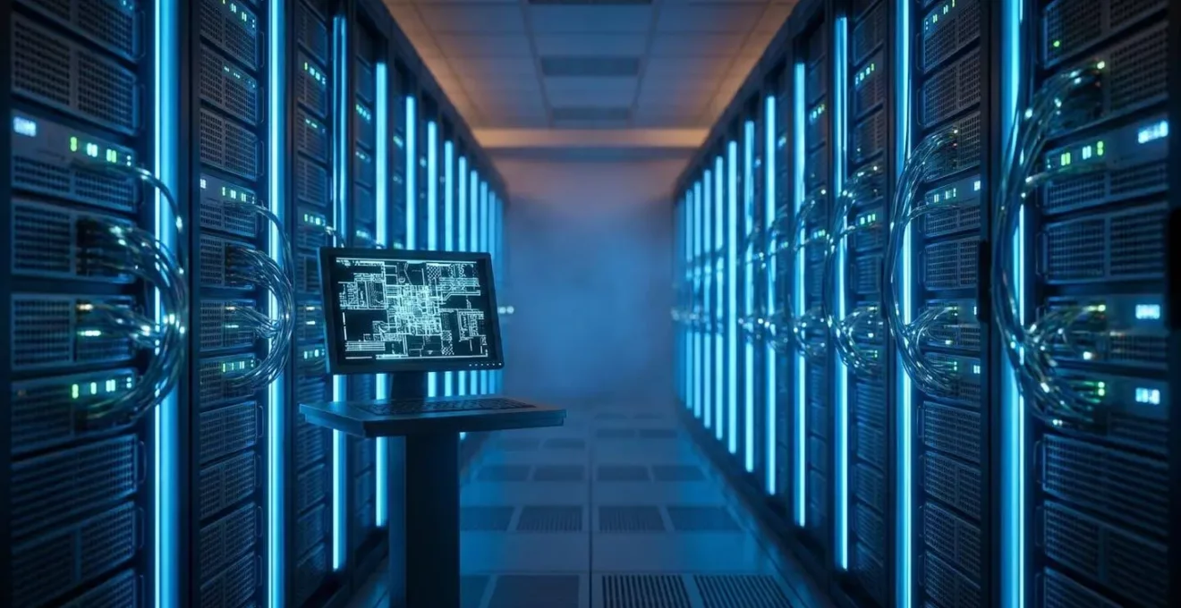 Salle de serveurs avec éclairage nocturne bleuté montrant l'automatisation des flux de données