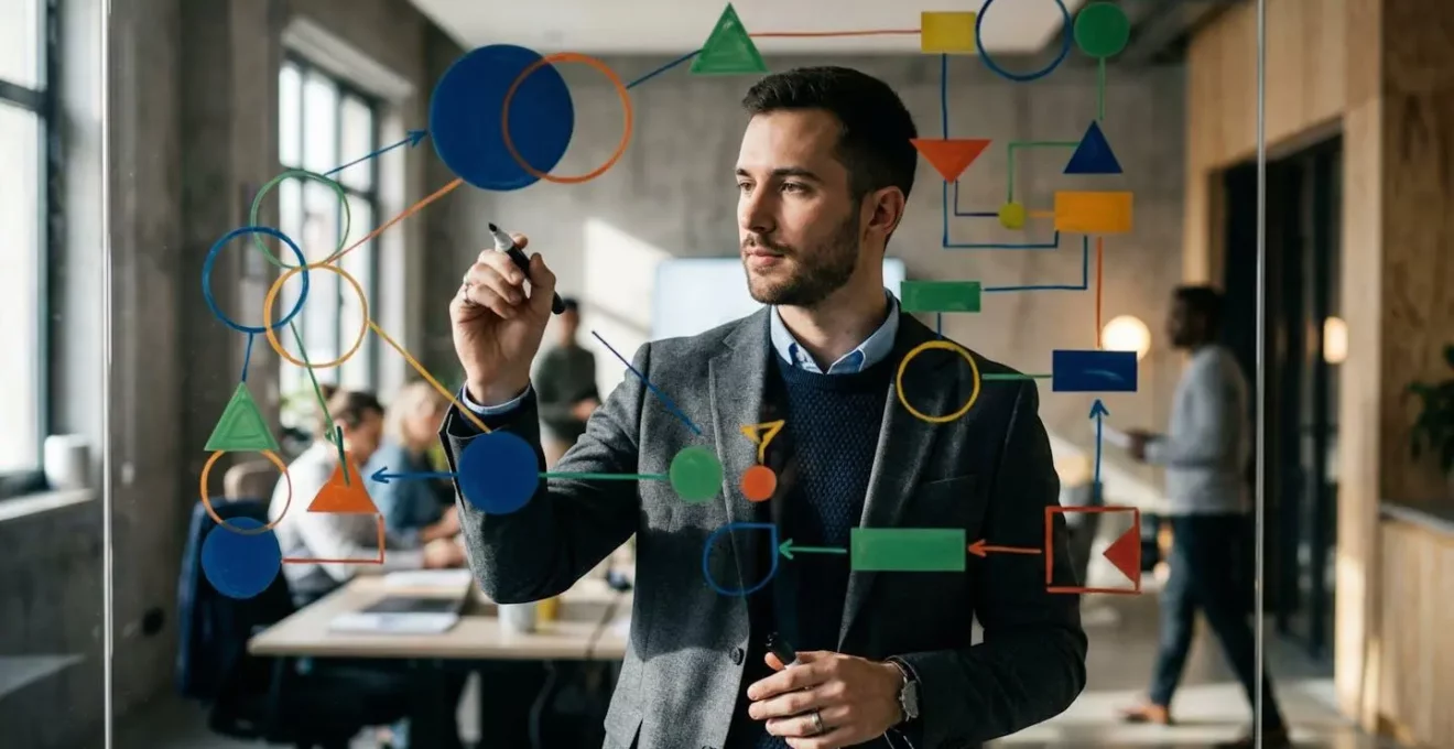 Jeune professionnel analysant des données sur tableau transparent avec diagrammes colorés dans un environnement de bureau moderne