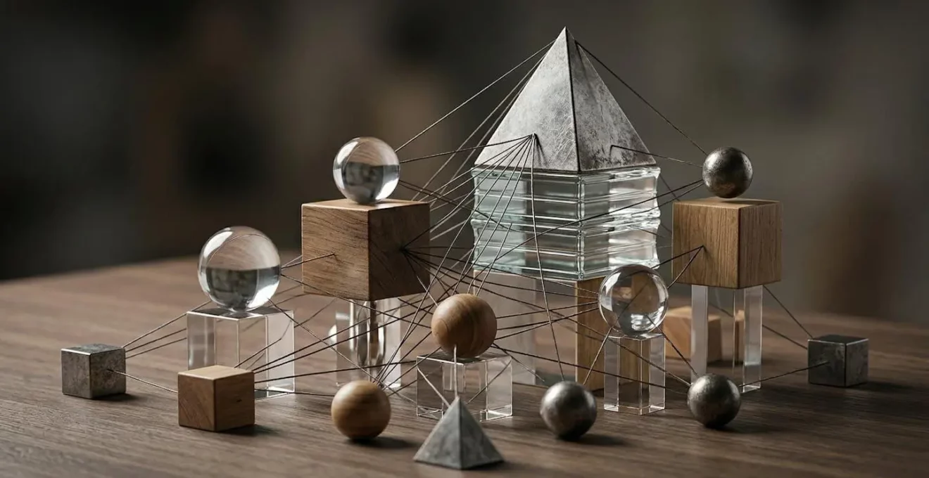 Visualisation abstraite d'une matrice de priorisation SEO avec des connexions entre différents éléments