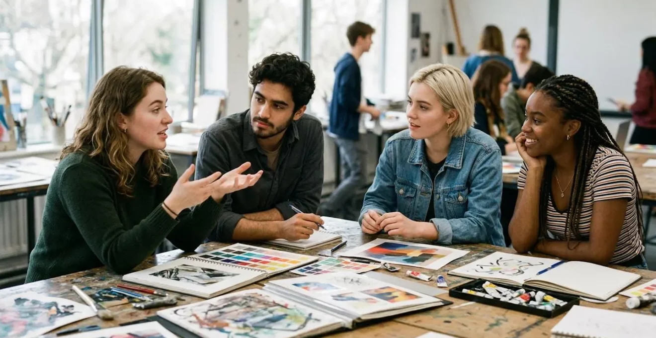 Groupe d'étudiants en session de préparation orale pour le BTS Design Graphique