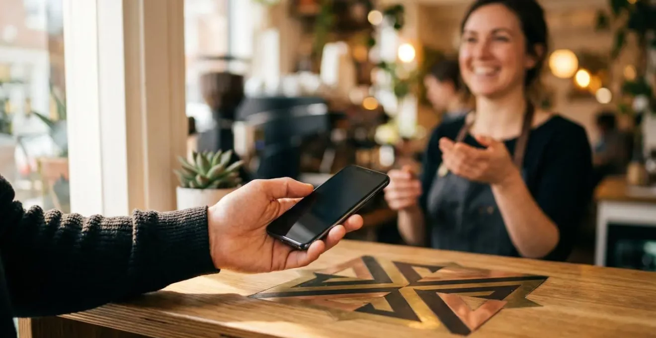 Main de client scannant un code QR au comptoir d'un commerce local