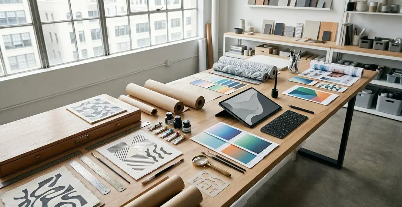 Espace de travail moderne montrant la transition entre outils print et digital